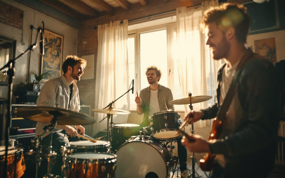 Band repeteert samen in een zonnige loft