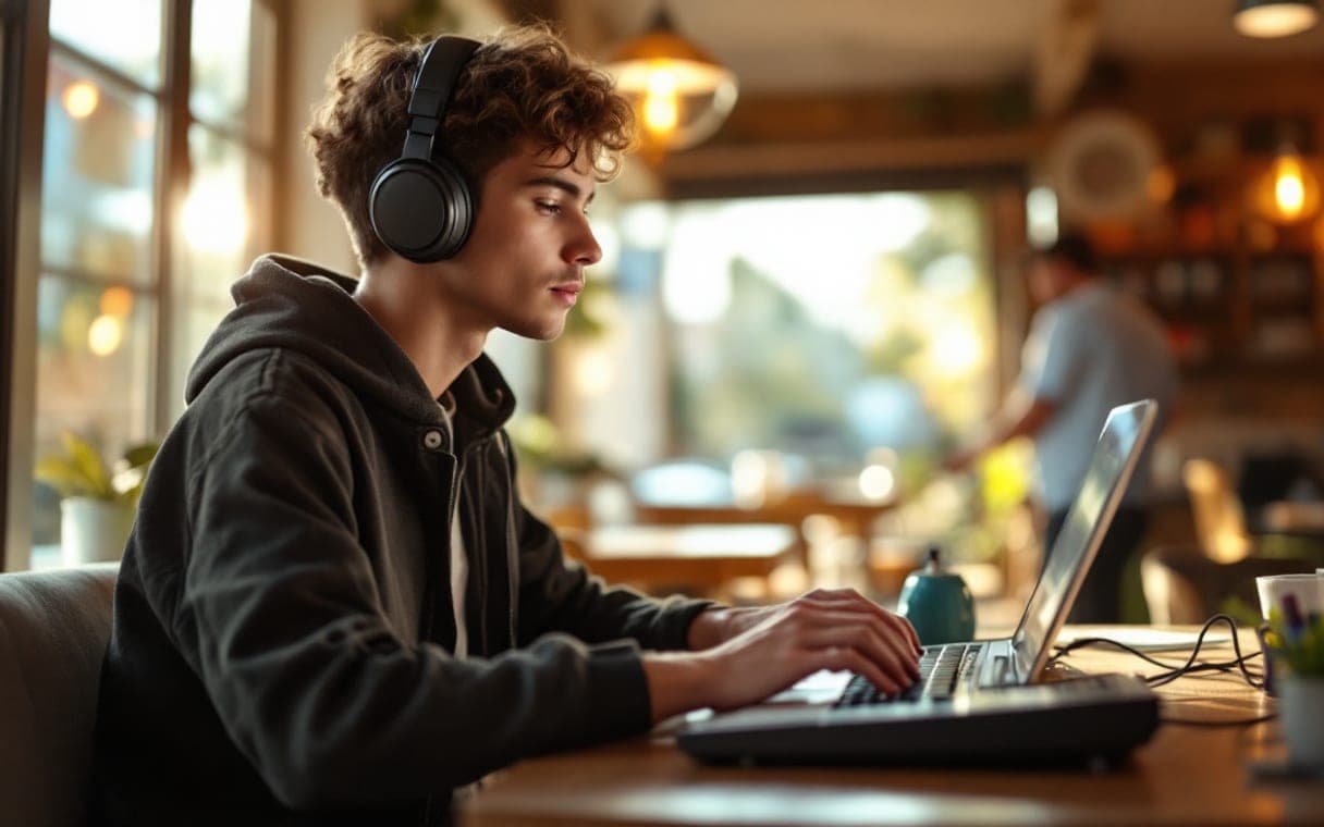 Beatmaker maakt muziek op een laptop in een café