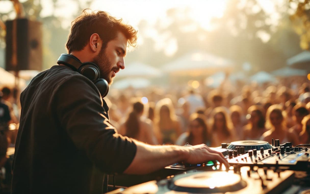 Dj draait op een zonnig buitenfeest
