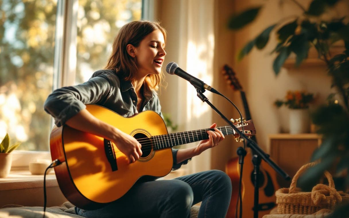Singer-songwriter speelt gitaar bij het raam