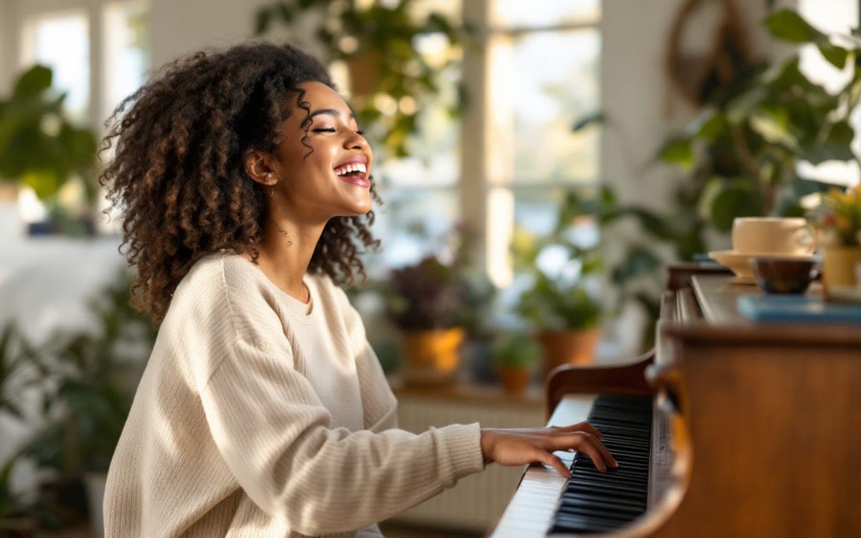 Pianiste zingt achter de piano in een lichte woonkamer