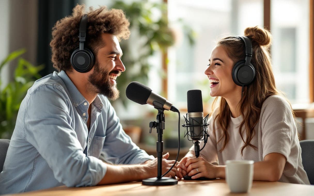 Twee podcastmakers lachen achter hun microfoons
