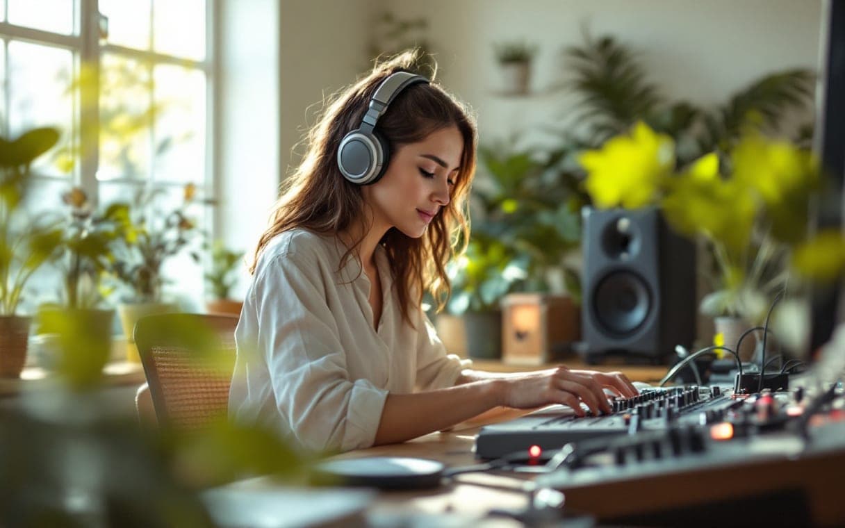 Muziekproducer met koptelefoon aan de mengtafel