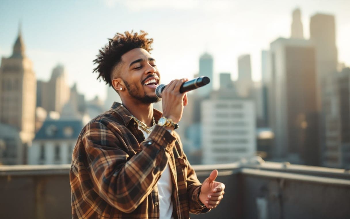 Rapper rapt op een zonnig dak in de stad