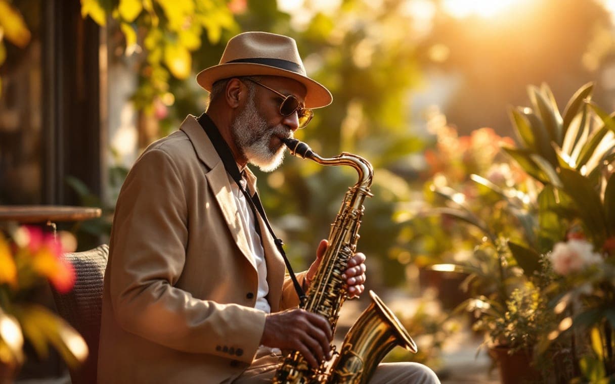 Saxofonist speelt op een zonnig terras