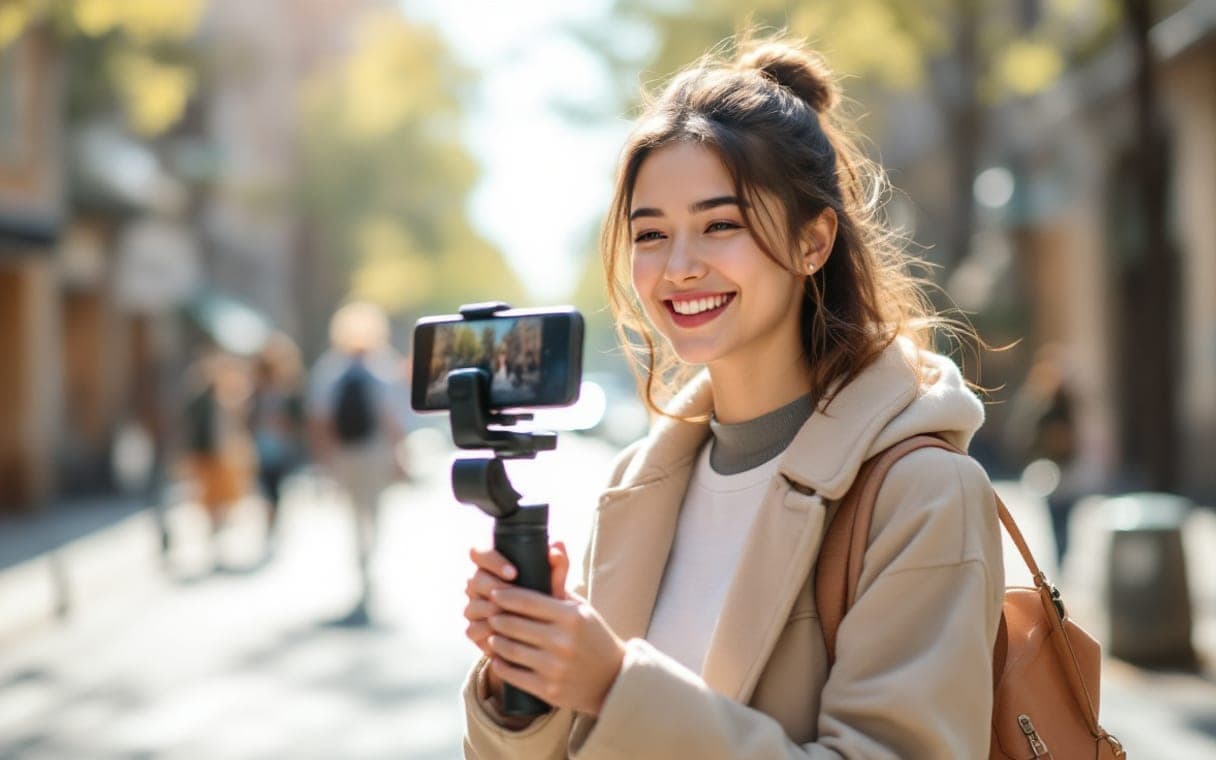 Contentmaker filmt zichzelf met haar telefoon in de stad