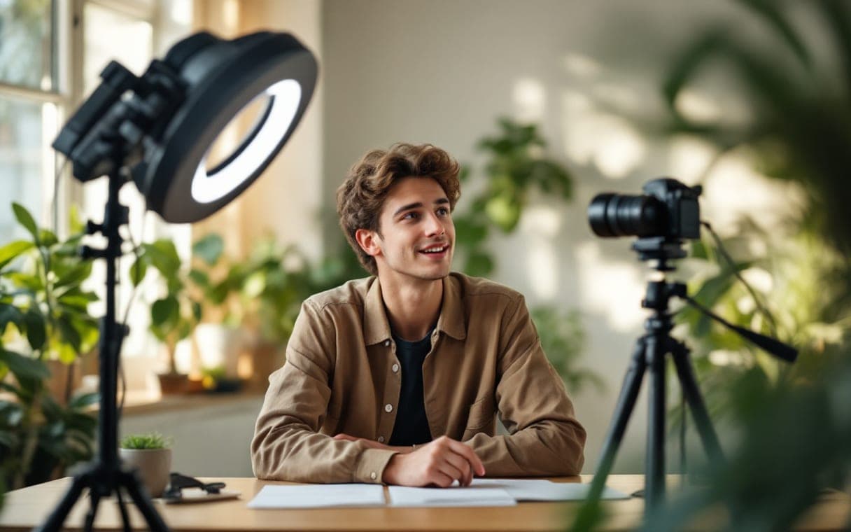 Videomaker praat aan een bureau in de camera